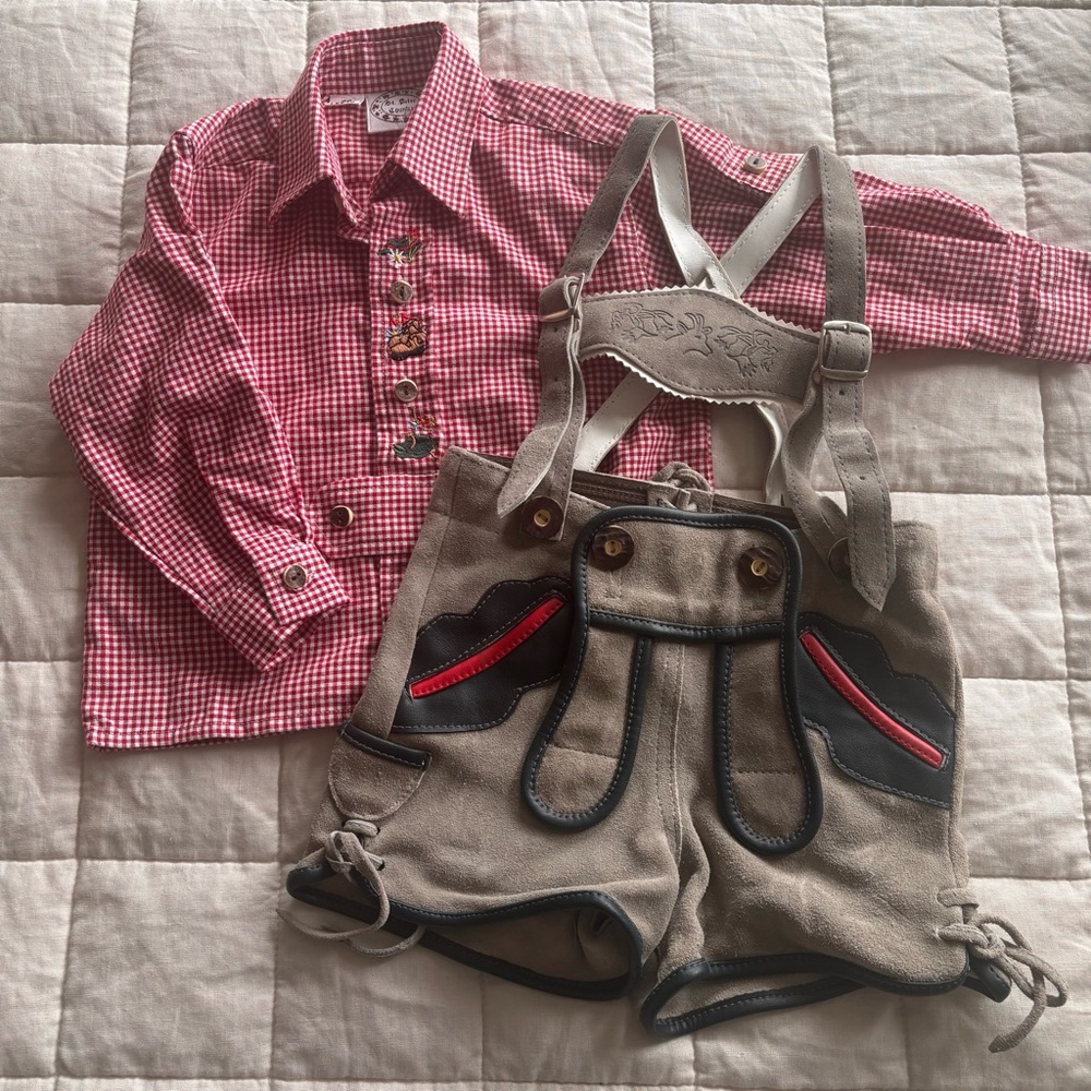 Children's Authentic Lederhosen Shorts with Red Gingham Shirt